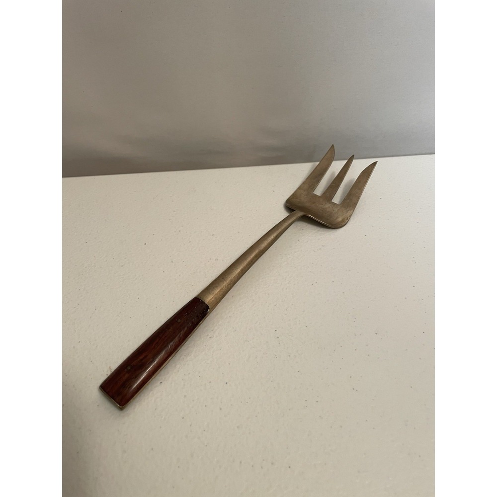 Vintage Large Asian Brass and Wood Serving Fork 8 1/4" Thailand